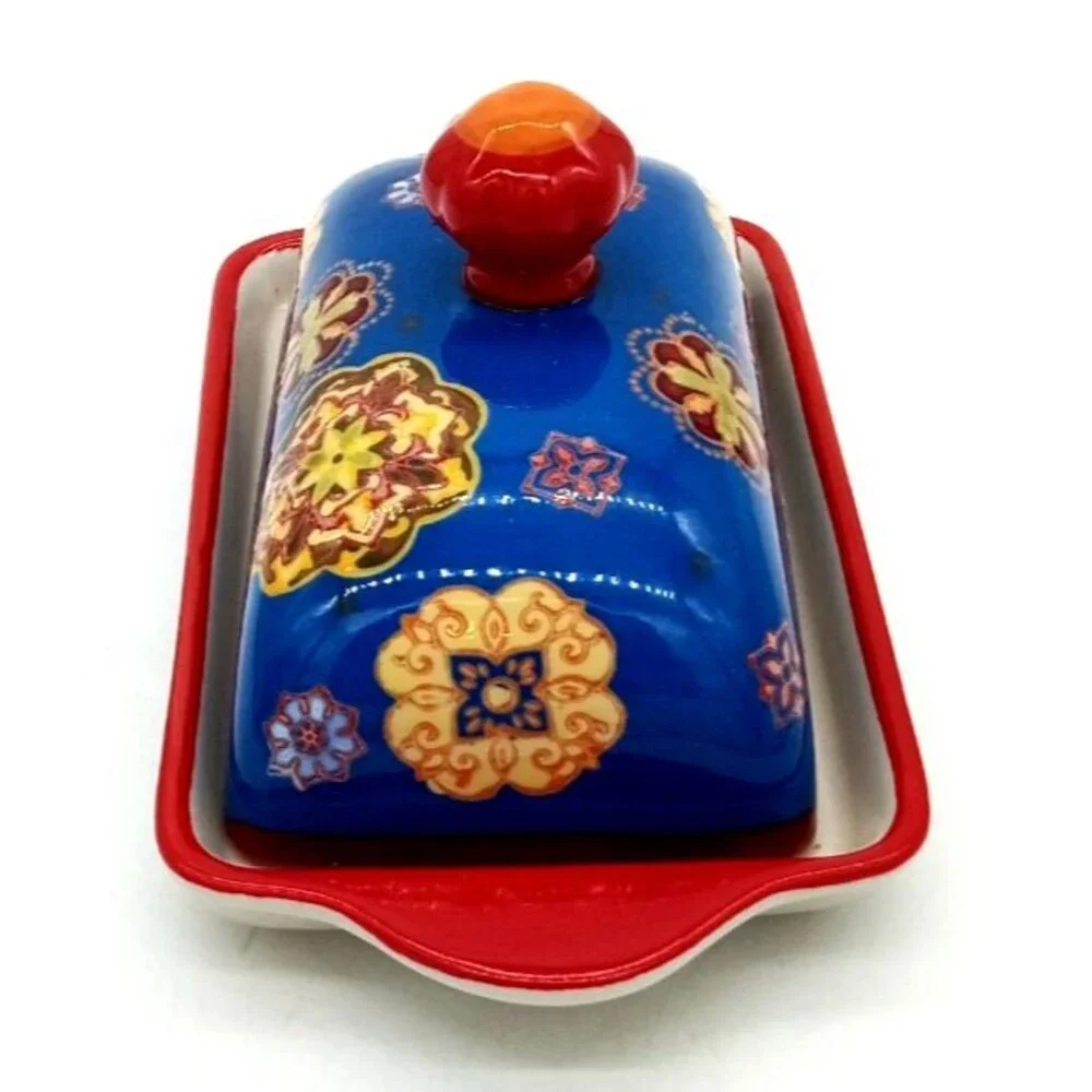 Dutch Wax Hand Painted Covered Butter Dish Mandala Floral Artistic Accents